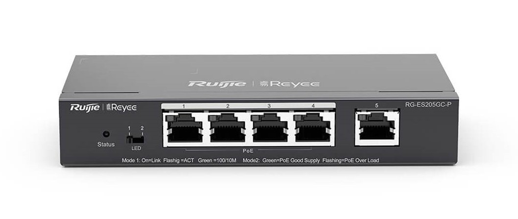 Thiết bị mạng HUB -SWITCH Ruijie RG-ES205GC-P ( 5-Port Gigabit Smart POE Switch, 5 Gigabit RJ45 Ports , including 4 PoE/POE )